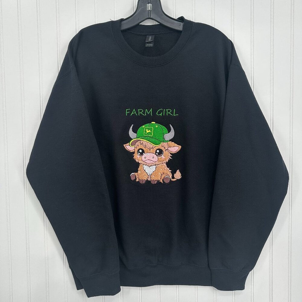 Highland Cow Sweatshirt John Deere Farm Girl Embroidered Adult Unisex Crewneck